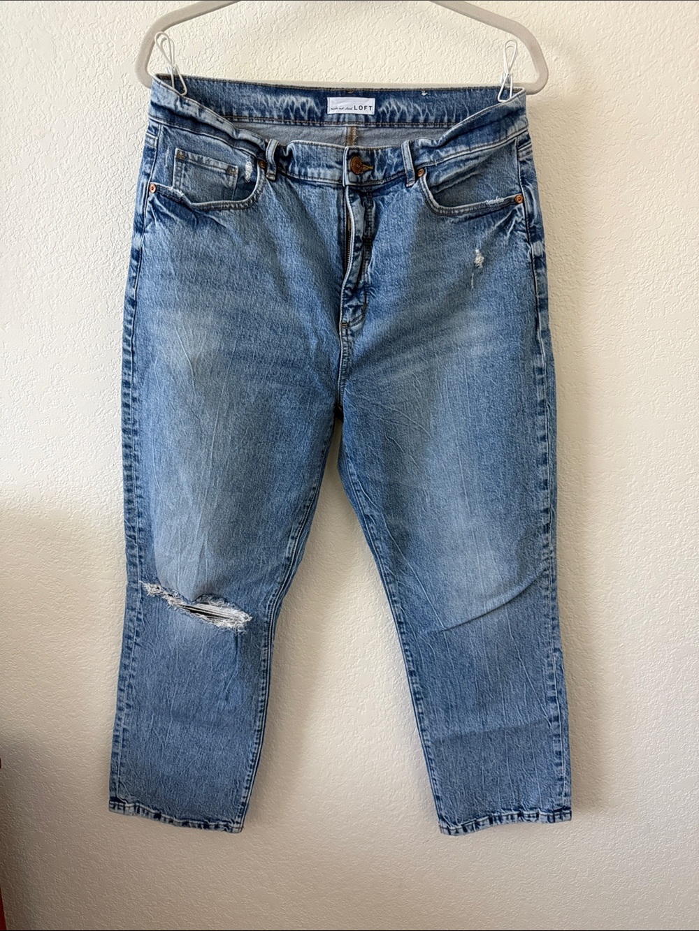 Loft High Waist Straight Crop Jeans in Blue Distressed Denim